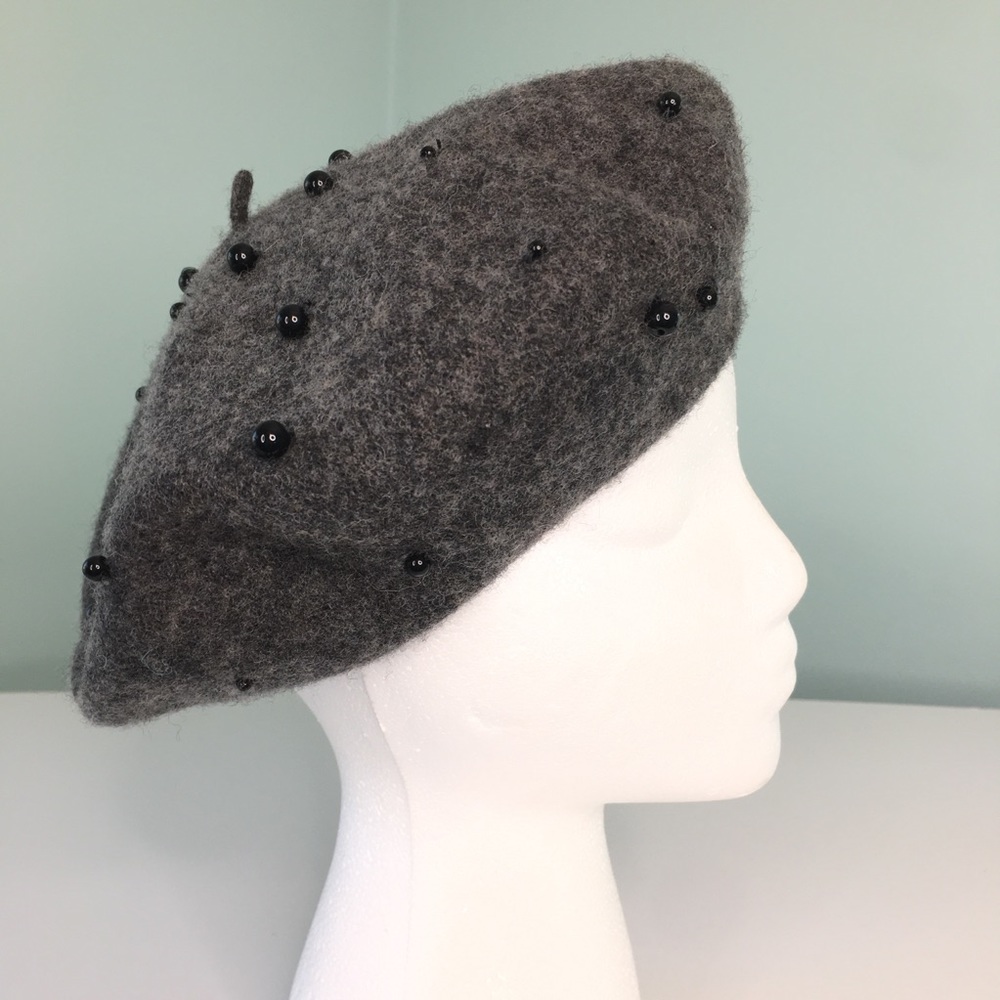 Gray Wool Blend French Beret Hat Xmas Winter Holiday Faux Pearls Cap One Size